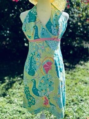 Vtg.Lilly Pulitzer-Southern Belle Peacock Print mini green + pink dressSize 6